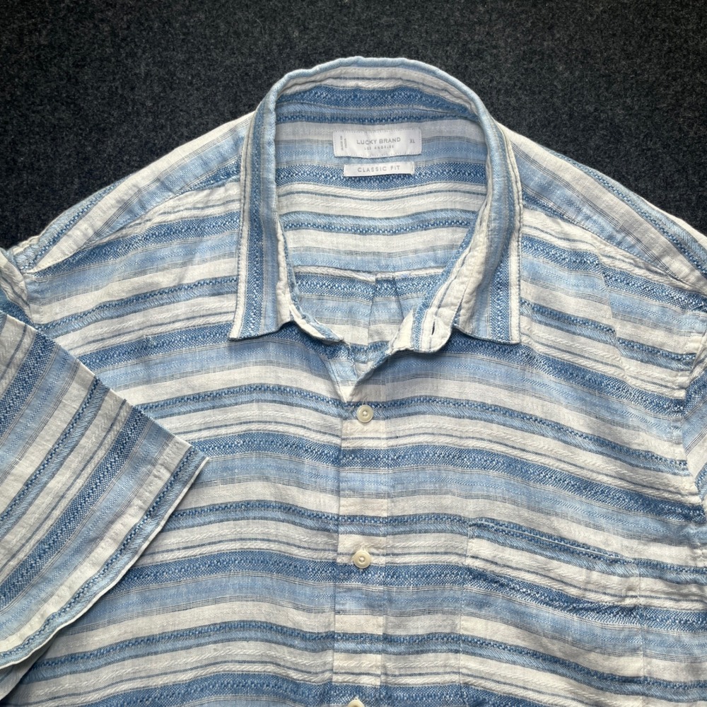 Lucky Brand Button Down Mens XL Blue‎ Excellent Linen Striped Short Sleeve Shirt